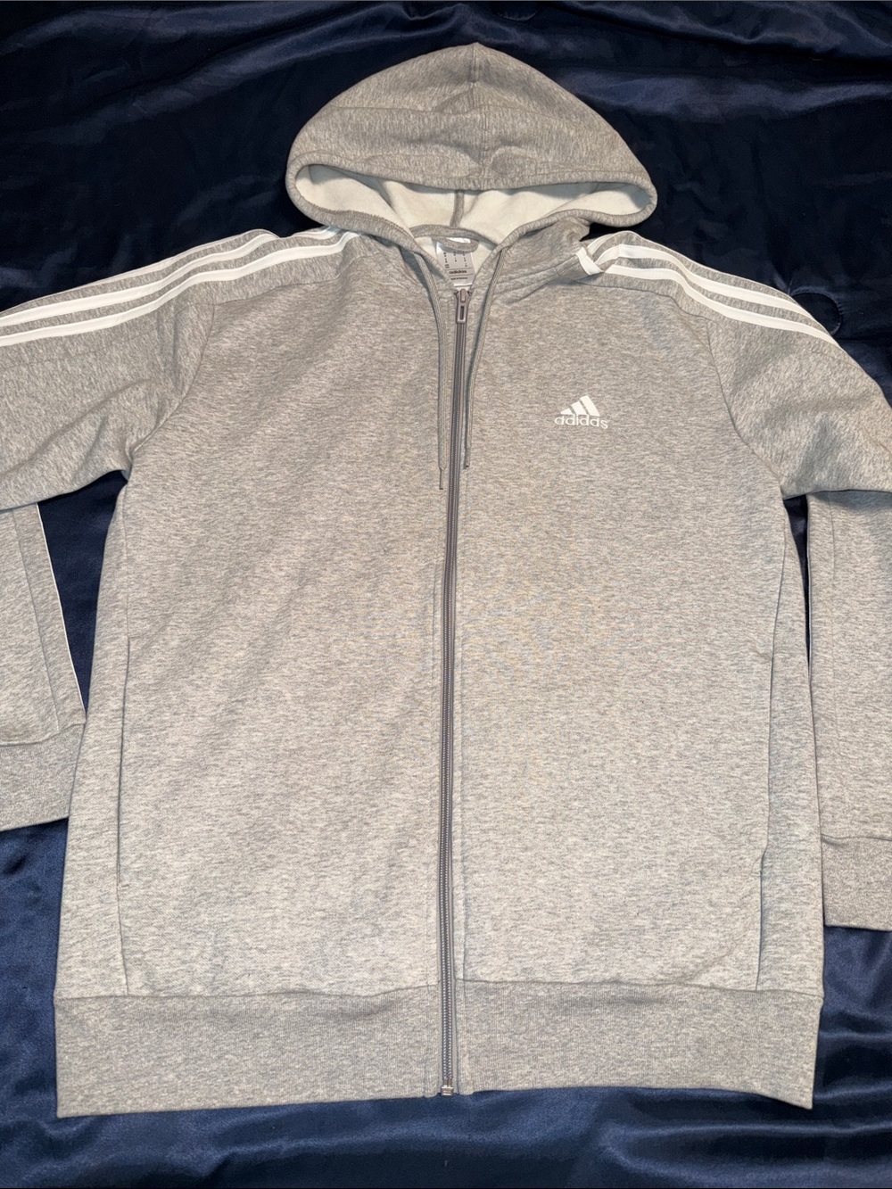 adidas Light Gray Men’s Full-Zip Hoodie with White Three Stripes